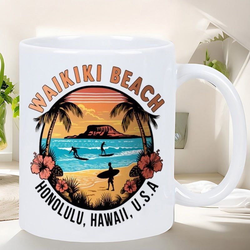 Tailorly White Ceramic 11 oz Mug - Waikiki Beach Honolulu Hawaii USA Retro Golden Sunset With Surfers Riding Waves Near Tropical Palm Trees Beach