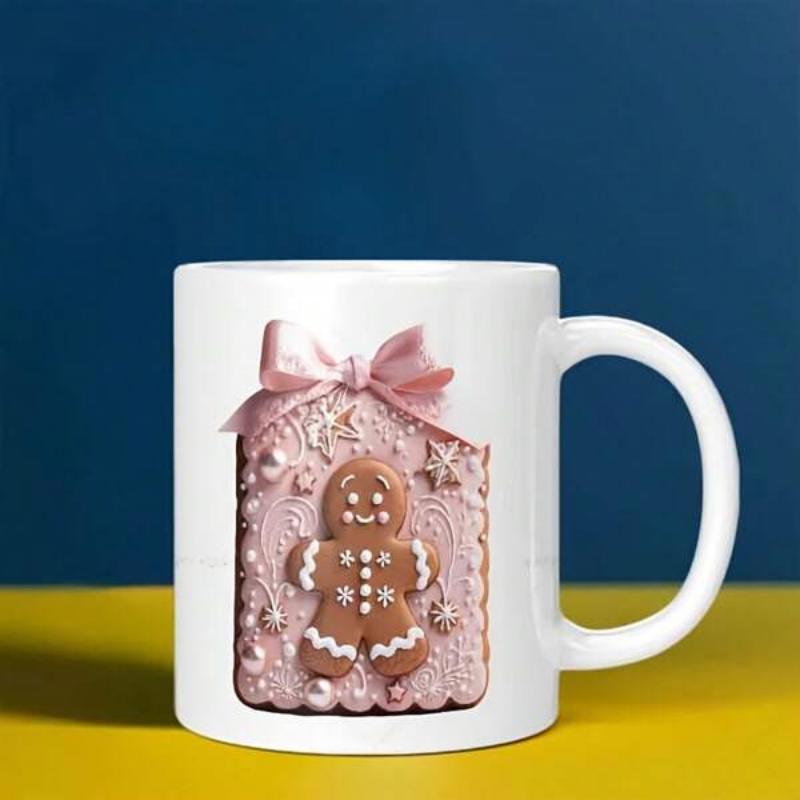 Tailorly White Ceramic 11 oz Mug - Pink Gingerbread House Featuring Silky Bow And Smiling Festive Gingerbread Man House
