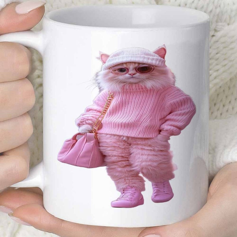 Tailorly White Ceramic 11 oz Mug - Elegant Fluffy Kitten Wearing Pink Knitted Sweater And Beanie Holding Handbag Cat