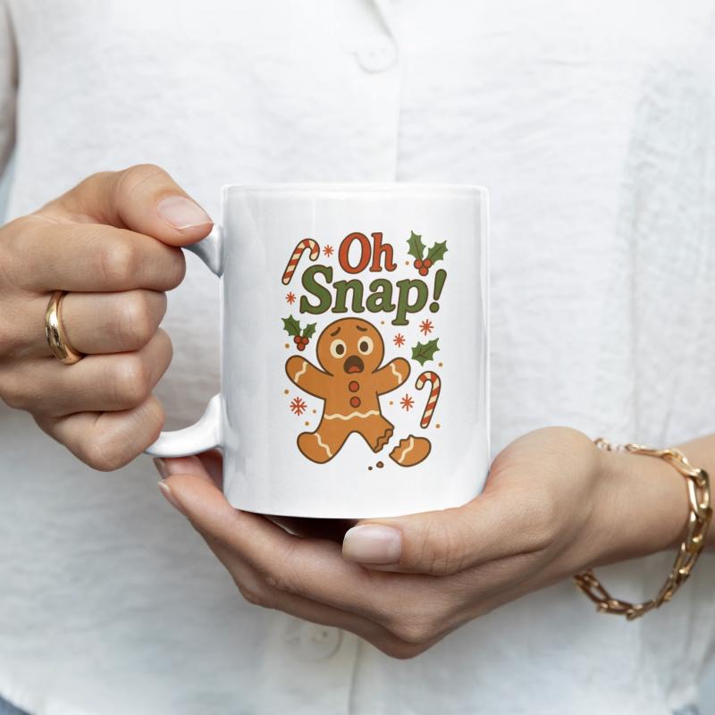 Tailorly White Ceramic 11 oz Mug - Oh Snap Surprised Holiday Biscuit With Broken Leg Among Festive Candy Canes And Holly Gingerbread Man
