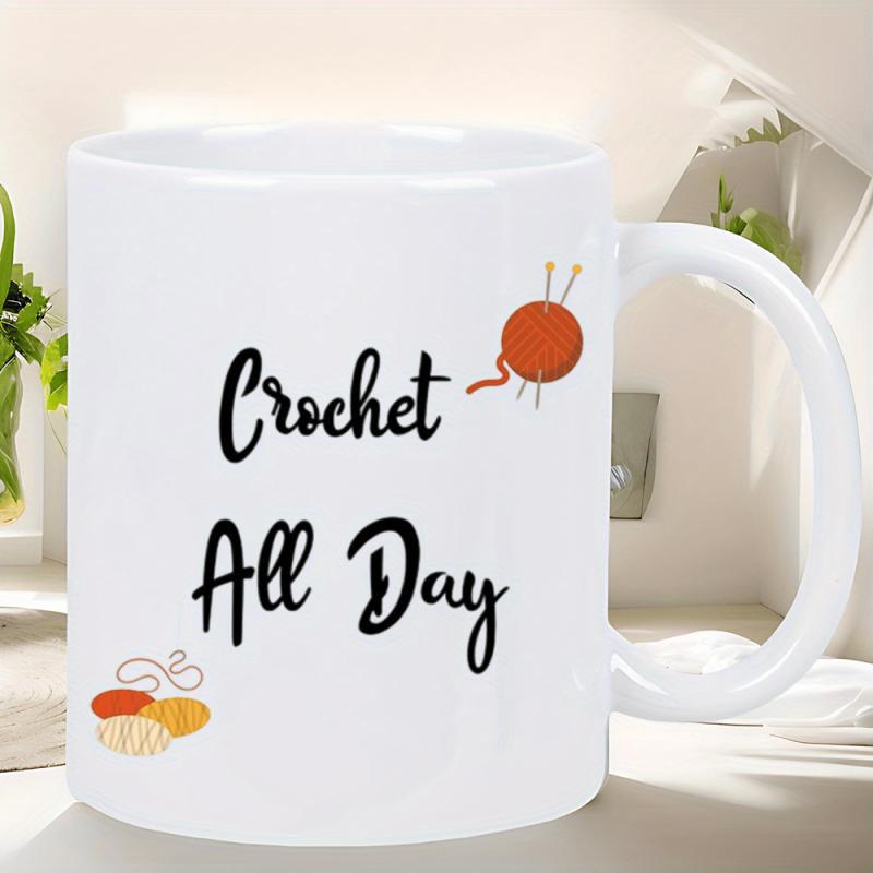 Tailorly White Ceramic 11 oz Mug - Crochet All Day Handcrafted Colorful Thread Balls Paired With Delicate Metallic Knitting Needles Yarn