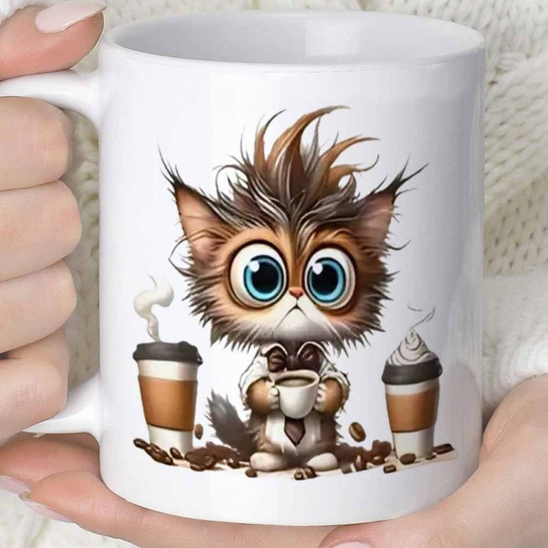 Tailorly White Ceramic 11 oz Mug - Charming Messy Haired Kitten Holding Hot Coffee Among Scattered Beans Cat