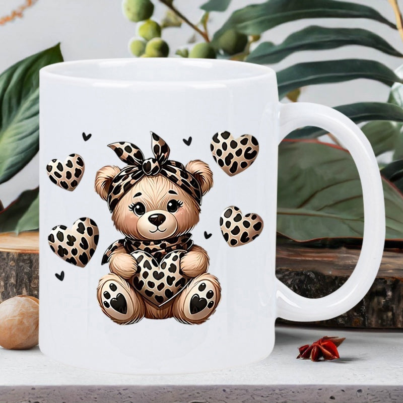 Tailorly White Ceramic 11 oz Mug - Adorable Little Cub Wearing Leopard Print Headband And Heart Shaped Accessories Bear