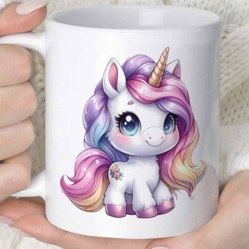 Tailorly White Ceramic 11 oz Mug - Adorable Baby Creature With Rainbow Mane And Sparkling Golden Spiral Horn Unicorn