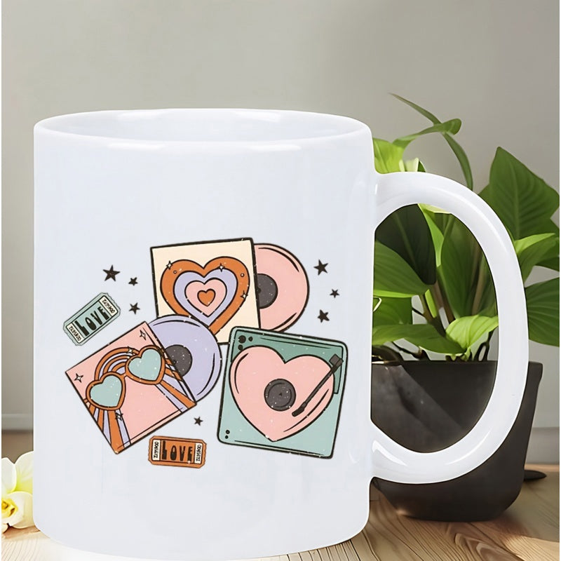 Tailorly White Ceramic 11 oz Mug - Love Retro Vinyl Music Albums With Heart Shaped Patterns In Pastel Colors Records