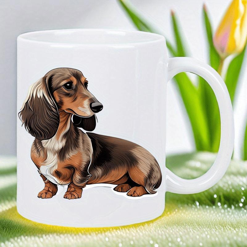 Tailorly White Ceramic 11 oz Mug - Realistic Long Haired Brown Dachshund Sitting Peacefully On White Surface Dachshund
