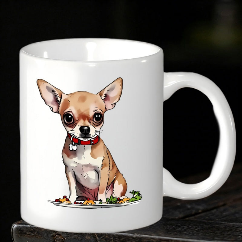 Tailorly White Ceramic 11 oz Mug - Adorable Small Brown Dog Sitting Patiently On Serving Plate With Garnish Chihuahua