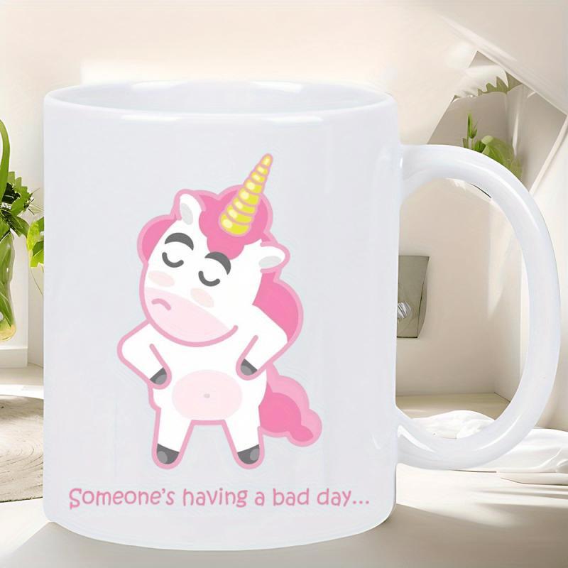 Tailorly White Ceramic 11 oz Mug - Someones Having A Bad Day Pink Mane Cute Cartoon Standing With Grumpy Expression Under Yellow Horn Unicorn