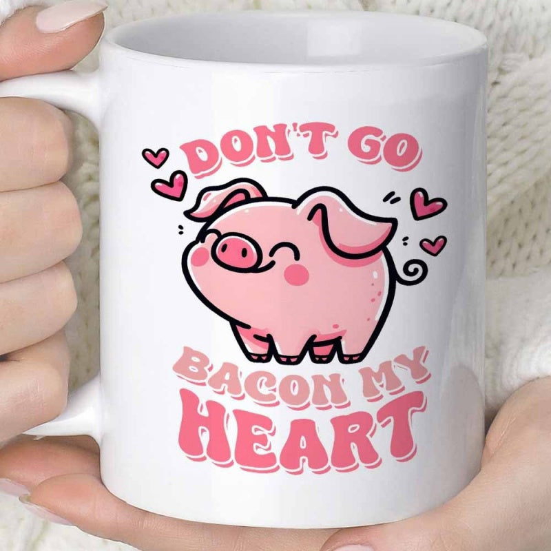 Tailorly White Ceramic 11 oz Mug - Dont Go Bacon My Heart Adorable Pink Cartoon Character Surrounded By Small Floating Sweet Pink Hearts Pig