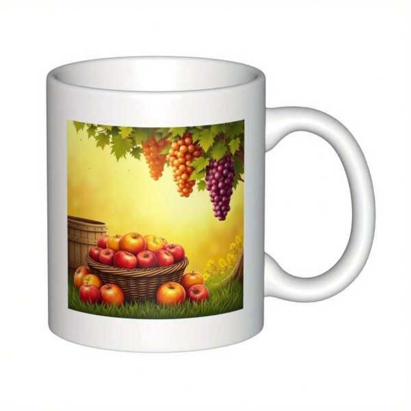 Tailorly White Ceramic 11 oz Mug - Lush Vineyard Grapes With A Basket Of Apples In Golden Sunlight Harvest