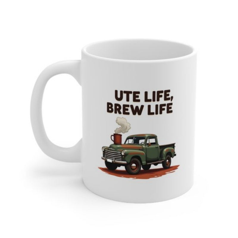 Tailorly White Ceramic 11 oz Mug - Ute Life Brew Life Retro Green Utility Vehicle With Steaming Mug On Top Ute