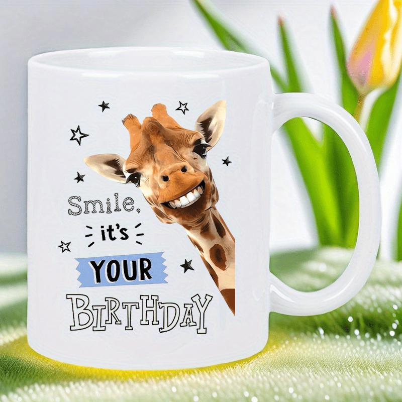 Tailorly White Ceramic 11 oz Mug - Smile It's Your Birthday Happy Smiling Giraffe Surrounded By Tiny Stars Under Bright Sunlight Giraffe