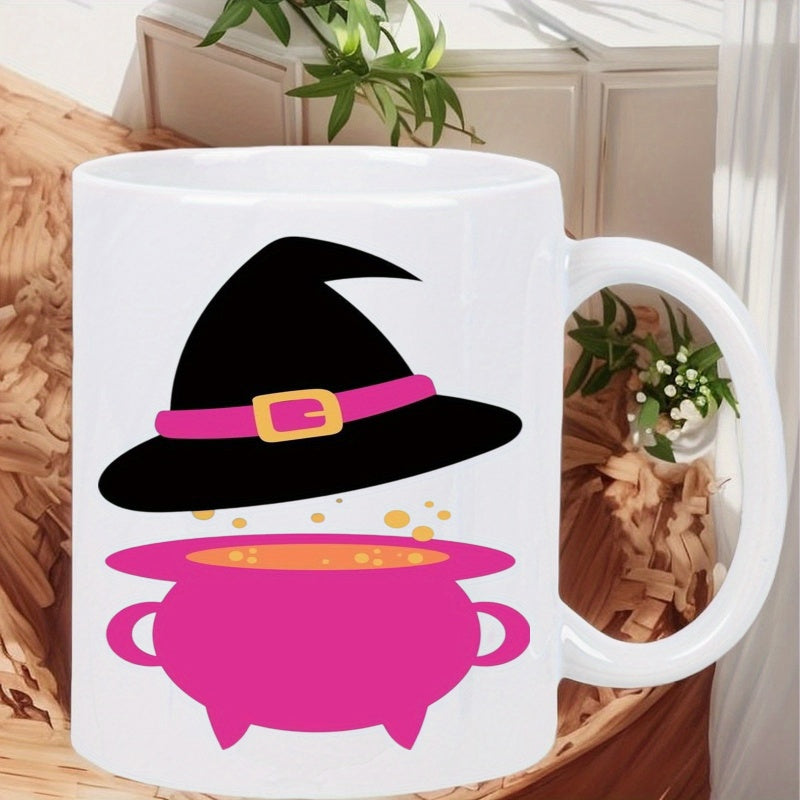 Tailorly White Ceramic 11 oz Mug - Whimsical Halloween Scene With Pink Cauldron Under Floating Witch Hat