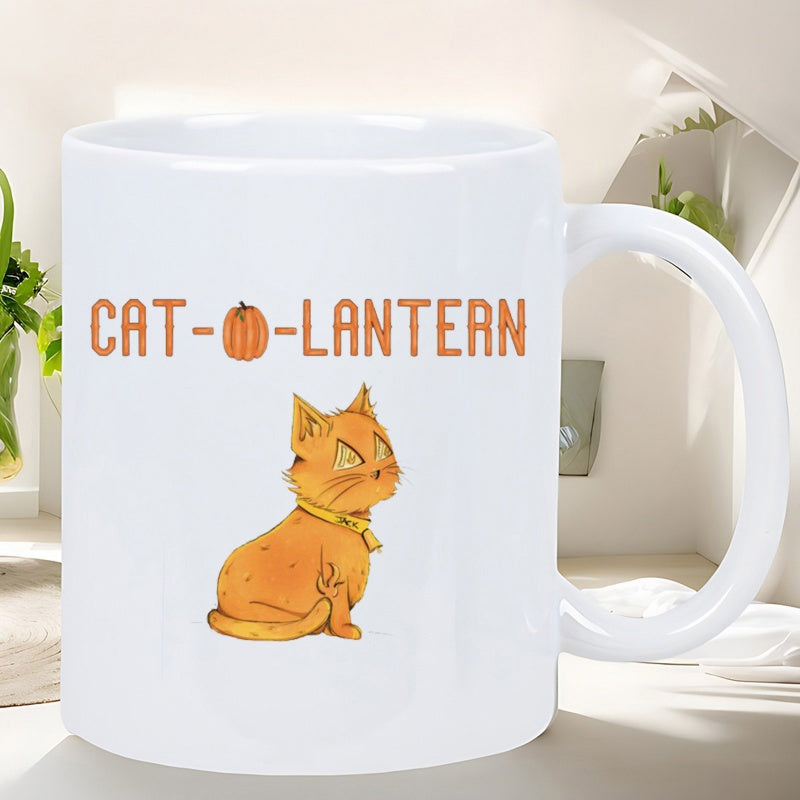 Tailorly White Ceramic 11 oz Mug - Cat O Lantern Cute Hand Drawn Orange Feline Sitting Calmly Under Seasonal Pun Text Cat