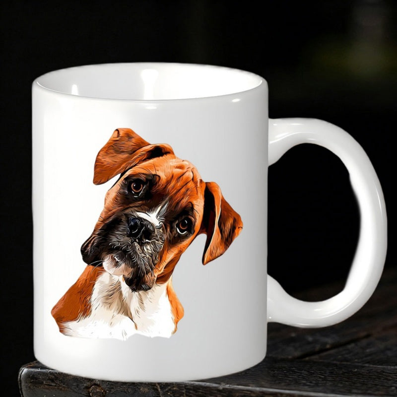 Tailorly White Ceramic 11 oz Mug - Curious Brown And White Boxer Portrait With Realistic Hand Painted Style Boxer