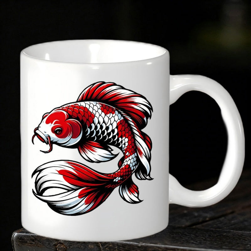 Tailorly White Ceramic 11 oz Mug - Vibrant Red And White Scales Swimming Gracefully Through The Water Koi Fish