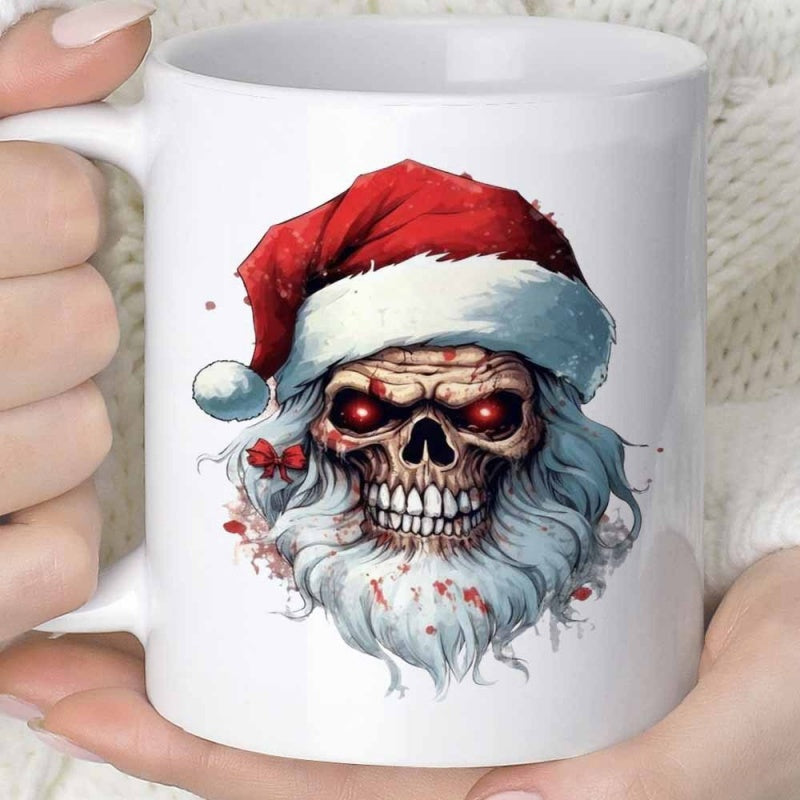 Tailorly White Ceramic 11 oz Mug - Horror Styled Santa With Glowing Red Eyes And Blood Stained White Beard Skull