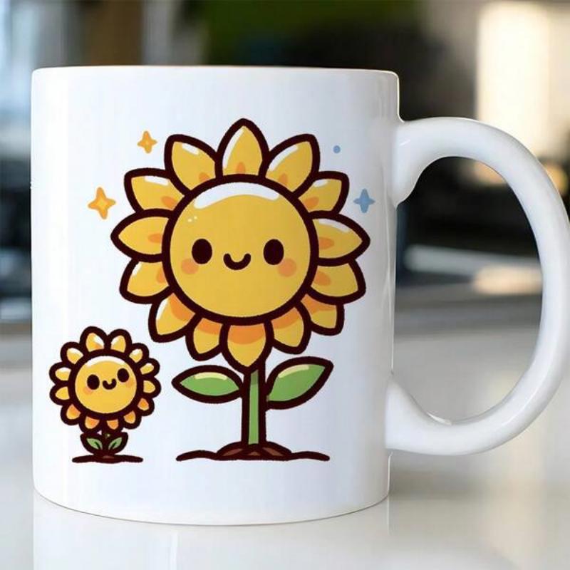 Tailorly White Ceramic 11 oz Mug - Smiling Golden Sunflowers Glowing With Sparkling Stars And Green Leaves Sunflower