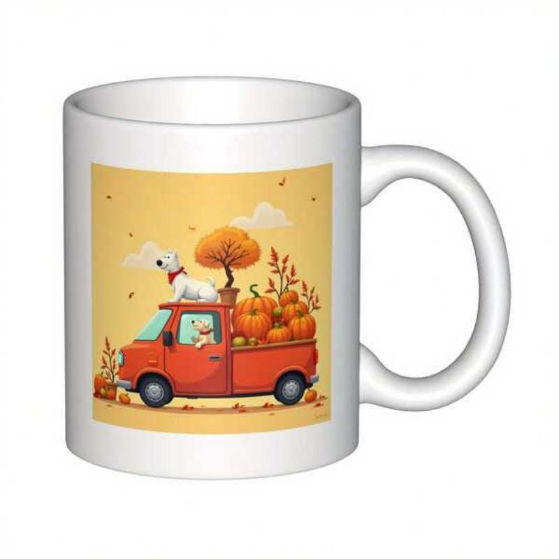 Tailorly White Ceramic 11 oz Mug - Harvest Red Vintage Vehicle Loaded With Ripe Pumpkins And Happy Dogs Truck