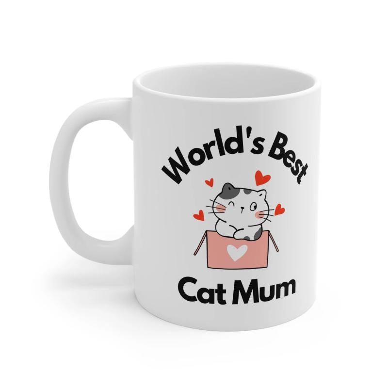 Tailorly White Ceramic 11 oz Mug - World's Best Cat Mum Adorable Little Kitten Sitting Inside Pink Box Surrounded By Floating Red Hearts Cat