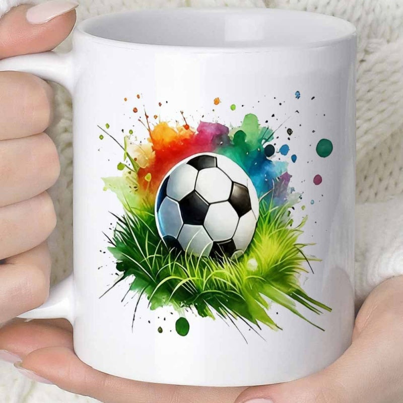 Tailorly White Ceramic 11 oz Mug - Vibrant Watercolor Splashes Resting On Lush Green Grass With Artistic Splatters Soccer Ball