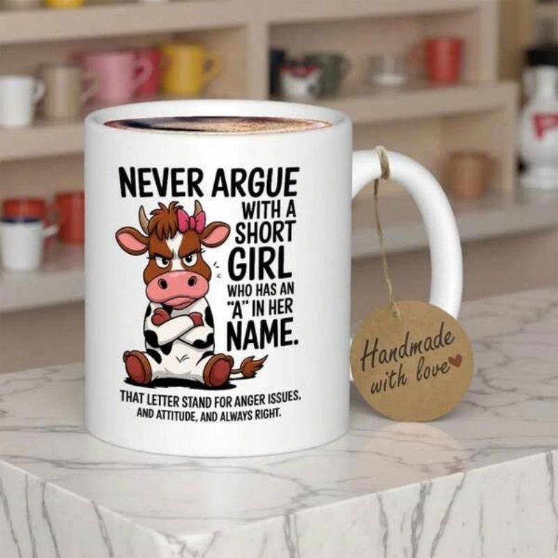 Tailorly White Ceramic 11 oz Mug - Never Argue With A Short Girl Who Has An A In Her Name Grumpy Cartoon Spotted Cow With Pink Bow Sitting Angrily Cow