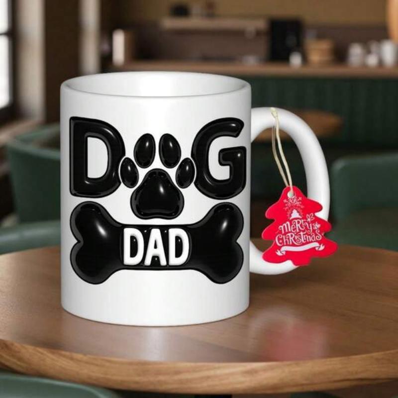 Tailorly White Ceramic 11 oz Mug - Dog Dad Bold Black Paw Print Between Large Letters Above Smooth Cartoon Bone