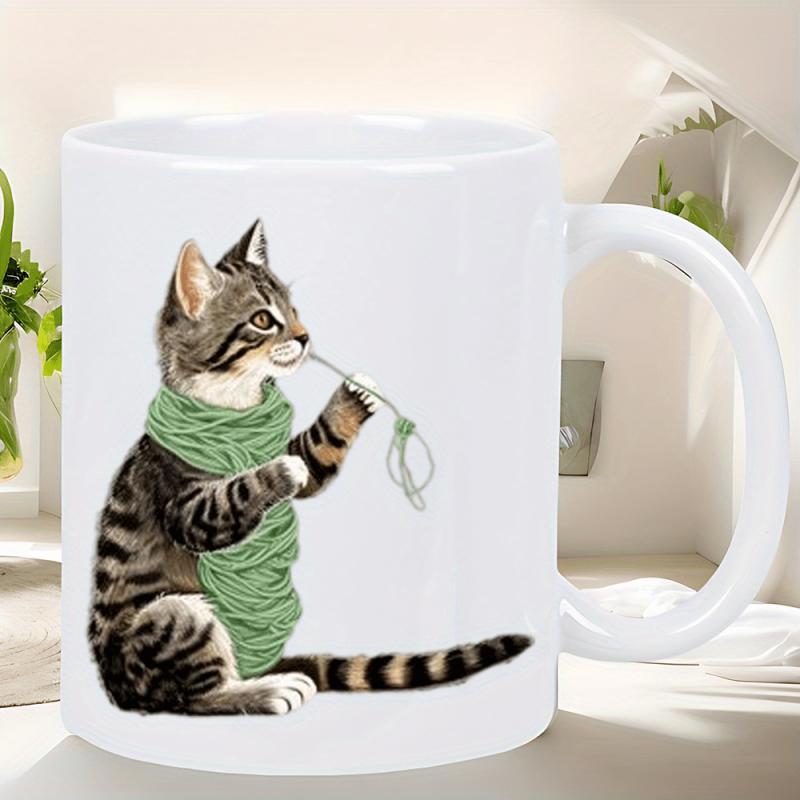 Tailorly White Ceramic 11 oz Mug - Adorable Tabby Kitten In Green Scarf Playing With Soft Yarn Cat