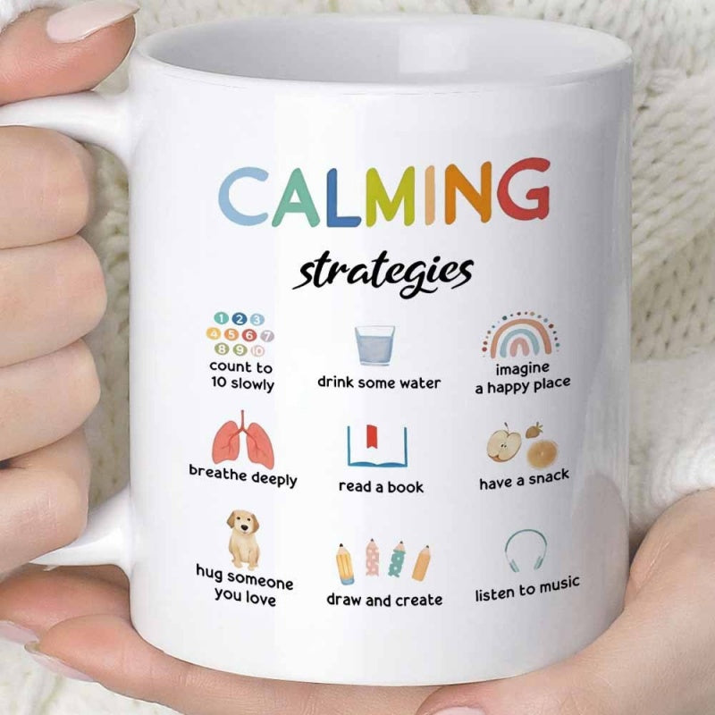 Tailorly White Ceramic 11 oz Mug - Calming Strategies Various Icons Representing Self Care And Mental Health Wellness Techniques Mug