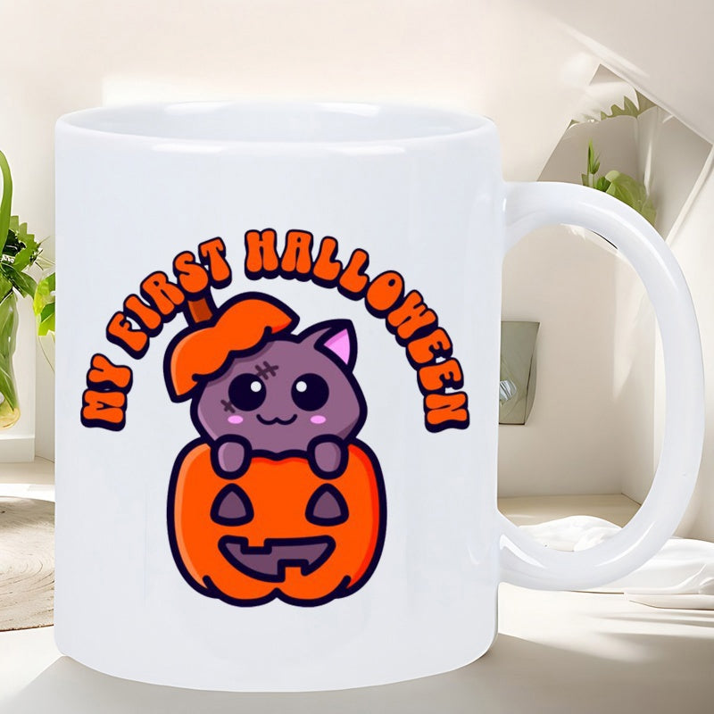 Tailorly White Ceramic 11 oz Mug - My First Halloween Cute Purple Kitten Sitting Inside A Carved Orange Halloween Jack O Lantern Cat