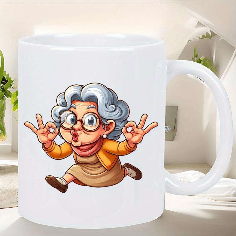 Tailorly White Ceramic 11 oz Mug - Animated Elderly Woman Making Joyful Gestures With Gray Curls And Glasses Grandmother