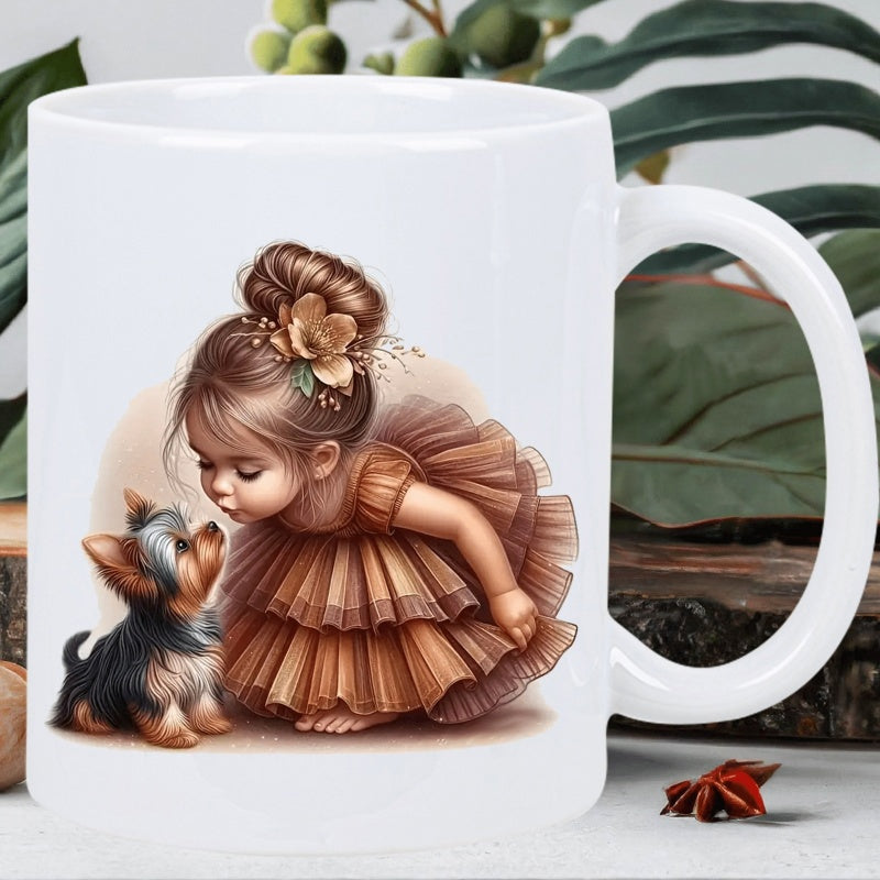 Tailorly White Ceramic 11 oz Mug - Adorable Little Girl In Ruffled Dress Gently Greeting A Small Fluffy Yorkie