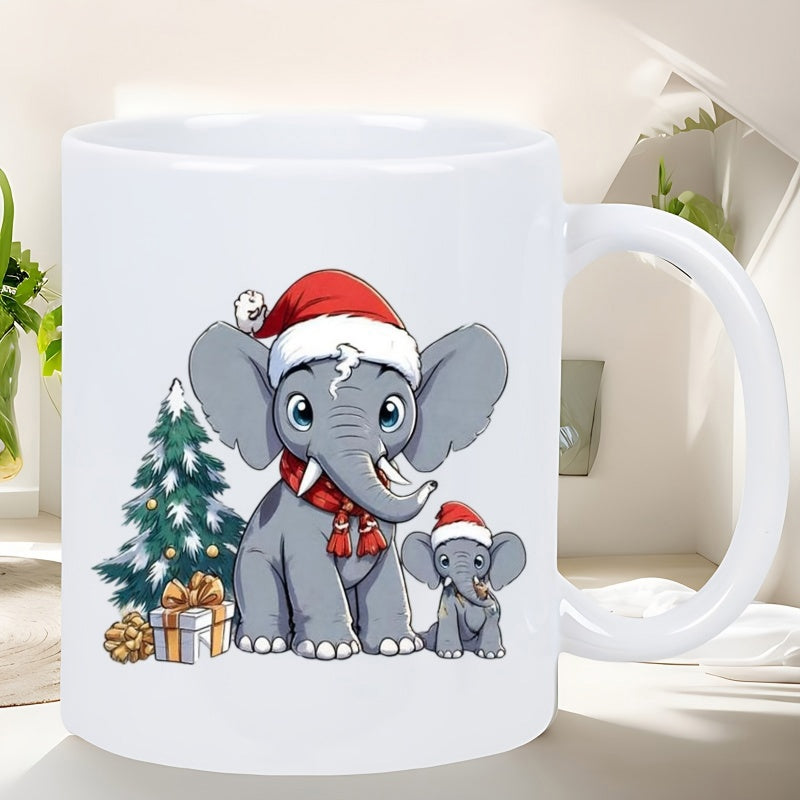 Tailorly White Ceramic 11 oz Mug - Festive Cartoon Elephants Wearing Santa Hats Next To A Snowy Pine Elephant