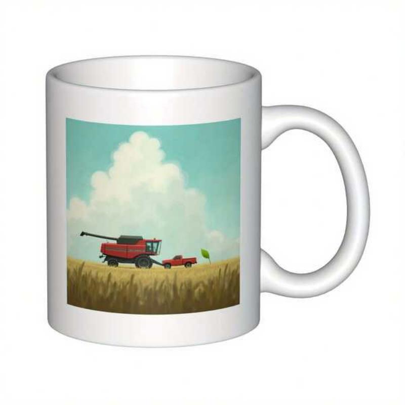 Tailorly White Ceramic 11 oz Mug - Red Harvester And Pickup Truck Working Through Golden Grain Fields Harvester