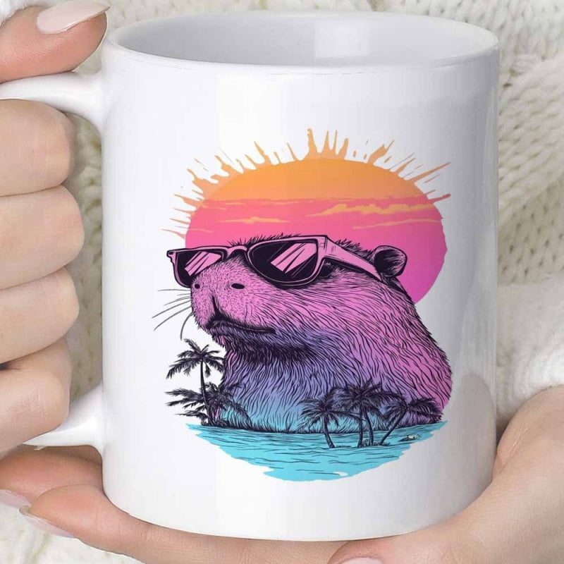 Tailorly White Ceramic 11 oz Mug - Retro Sunset With Palm Trees Behind A Cool Sunglasses Wearing Capybara