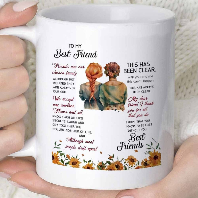 Tailorly White Ceramic 11 oz Mug - To My Best Friend Two Best Friends Sitting Together Surrounded By Vibrant Yellow Sunflower Garden Mug