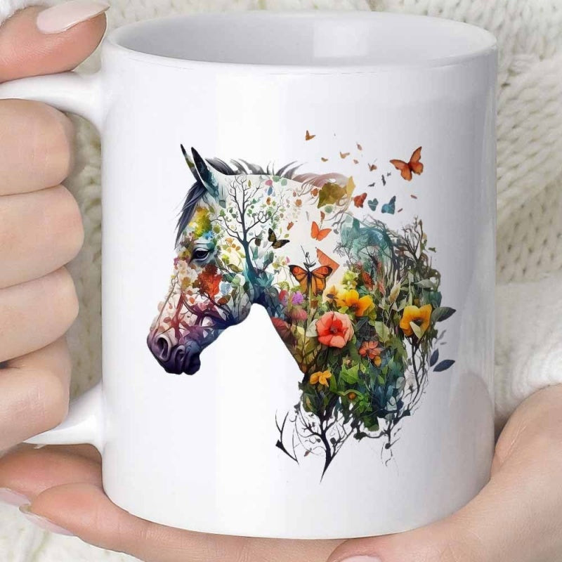 Tailorly White Ceramic 11 oz Mug - Graceful Artistic Silhouette With Vibrant Floral Patterns And Delicate Flying Butterflies Horse