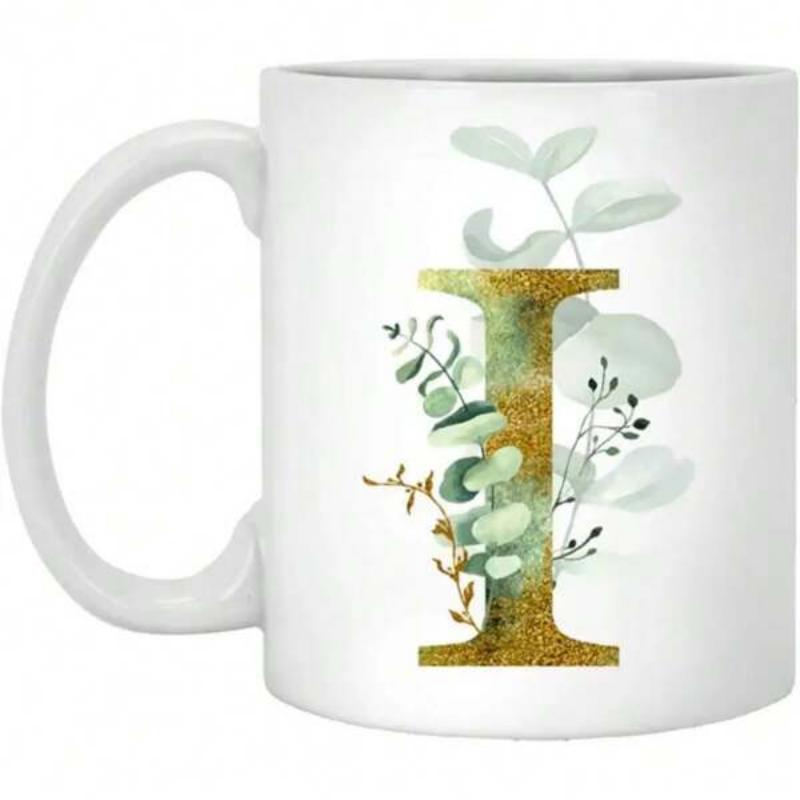 Tailorly White Ceramic 11 oz Mug - I Golden Textured Surface Adorned With Elegant Green Eucalyptus Botanical Letter