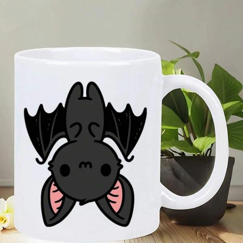 Tailorly White Ceramic 11 oz Mug - Adorable Little Cartoon Creature Hanging Upside Down With Pink Ears Wings Bat