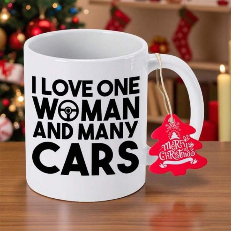 Tailorly White Ceramic 11 oz Mug - I Love One Woman And Many Cars Bold Black Typography With A Minimalist Steering Wheel Design