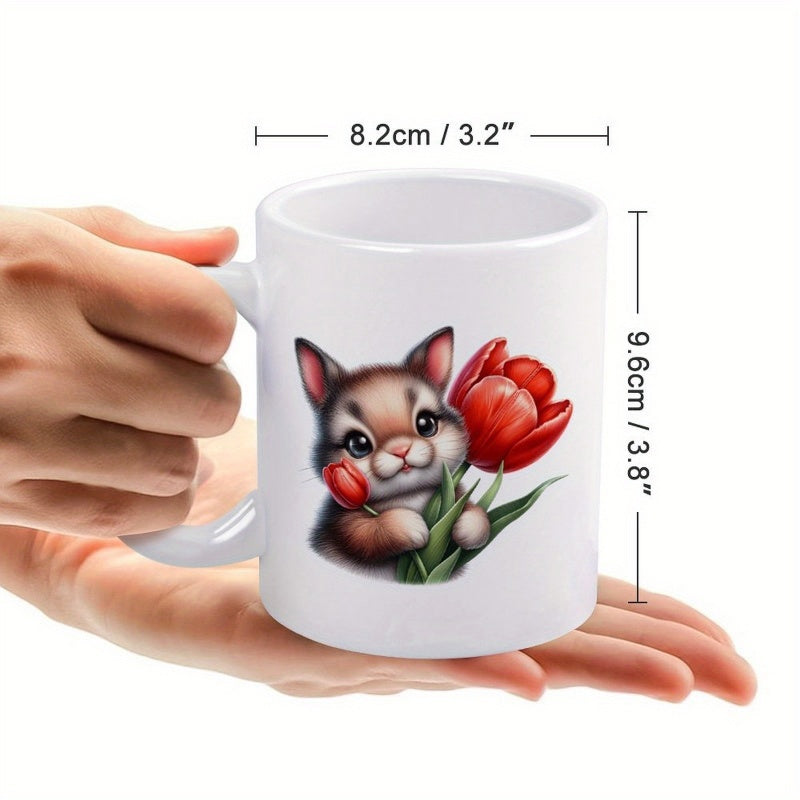 Tailorly White Ceramic 11 oz Mug - Adorable Tiny Forest Creature Cradling A Large Blooming Red Tulip Squirrel