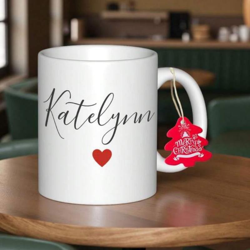 Tailorly White Ceramic 11 oz Mug - Katelyn Minimalist Elegant Cursive Script With A Vibrant Red Romantic Symbol Heart