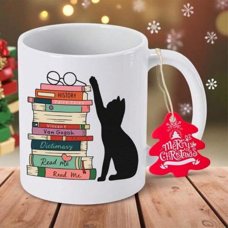 Tailorly White Ceramic 11 oz Mug - History Science Dictionary Read Me Merry Christmas Graceful Black Cat Silhouette Reaching Toward Colorful Stacked Academic