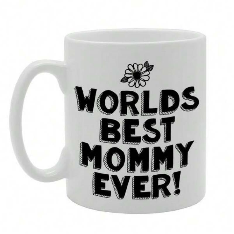 Tailorly White Ceramic 11 oz Mug - Worlds Best Mommy Ever Simple Hand Drawn Daisy Flower Above Bold Block Shadow Style Lettering Mug