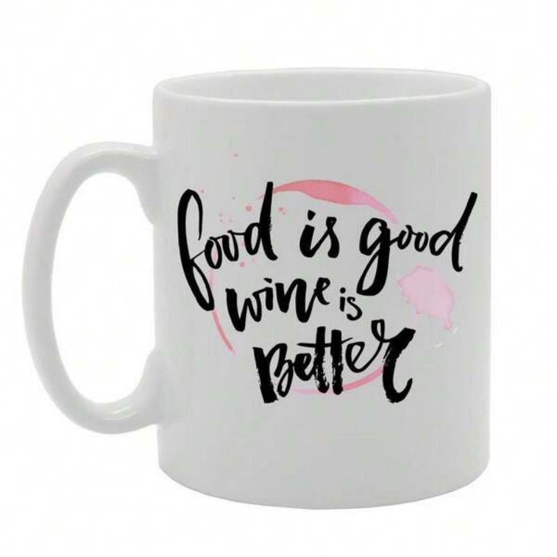 Tailorly White Ceramic 11 oz Mug - Food Is Good Wine Is Better Elegant Black Script Text Over A Soft Pink Watercolor Splash Mug