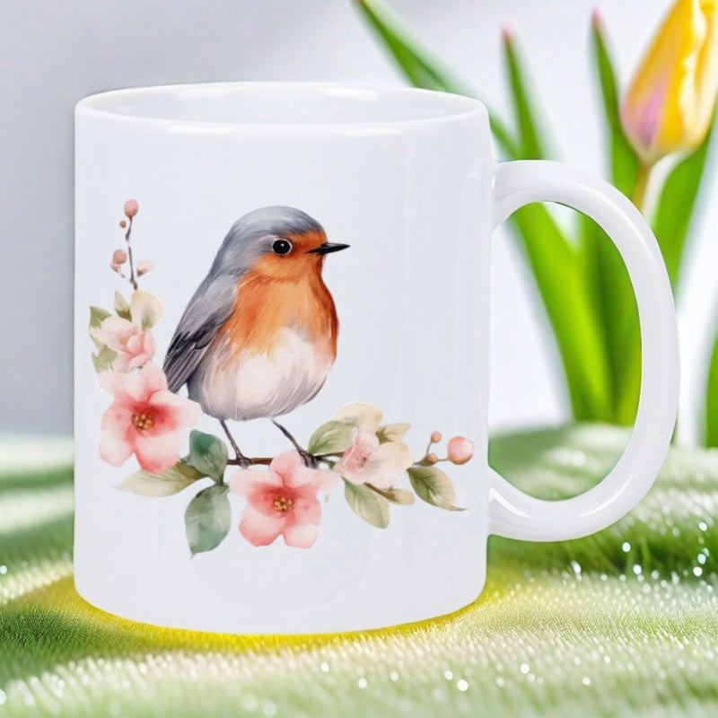 Tailorly White Ceramic 11 oz Mug - Watercolor Painted Robin Perched On A Delicate Pink Spring Flower Branch Bird