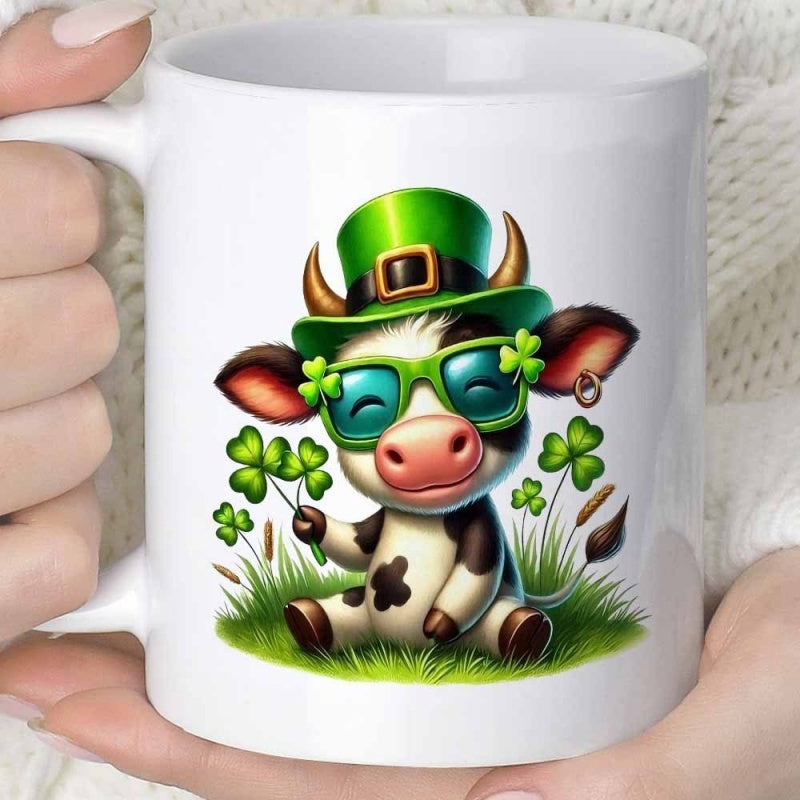 Tailorly White Ceramic 11 oz Mug - Adorable Cartoon Sitting In Green Grass Wearing Leprechaun Hat Cow