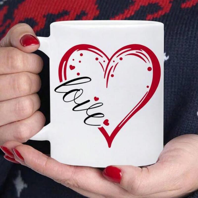 Tailorly White Ceramic 11 oz Mug - Love Artistic Red Brush Stroke Outline With Small Decorative Dots Heart