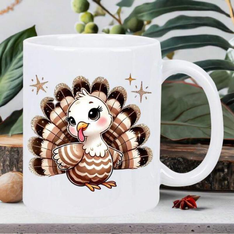 Tailorly White Ceramic 11 oz Mug - Cute Little Bird With Striped Brown Feathers And Twinkling Stars Turkey