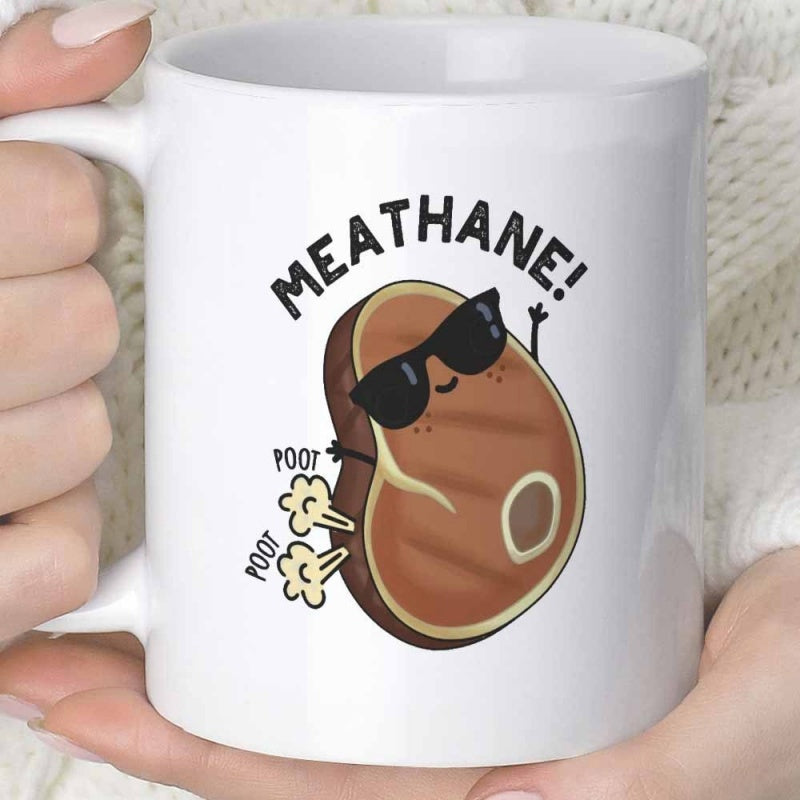 Tailorly White Ceramic 11 oz Mug - Meathane Funny Cartoon Piece Of Meat Wearing Black Sunglasses Releasing Gas Clouds Steak